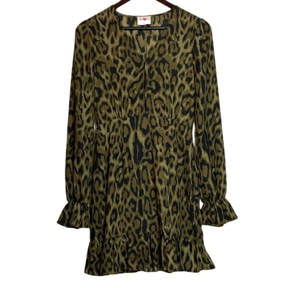 Buddy Love Olive Green Leopard Print Long Sleeve Ruffle Hem Dress Size S V-Neck - Picture 5 of 6